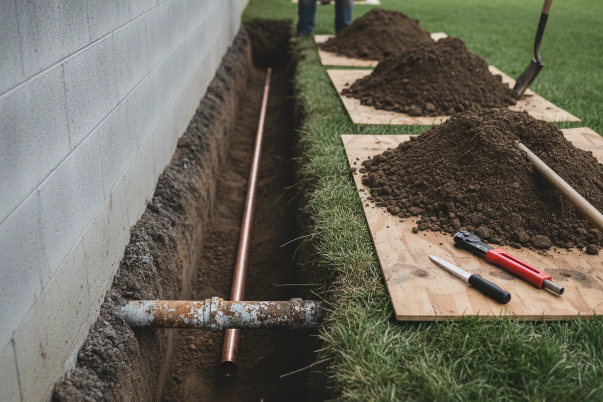 Excavated water line trench during Water Heater Repair in Henniker